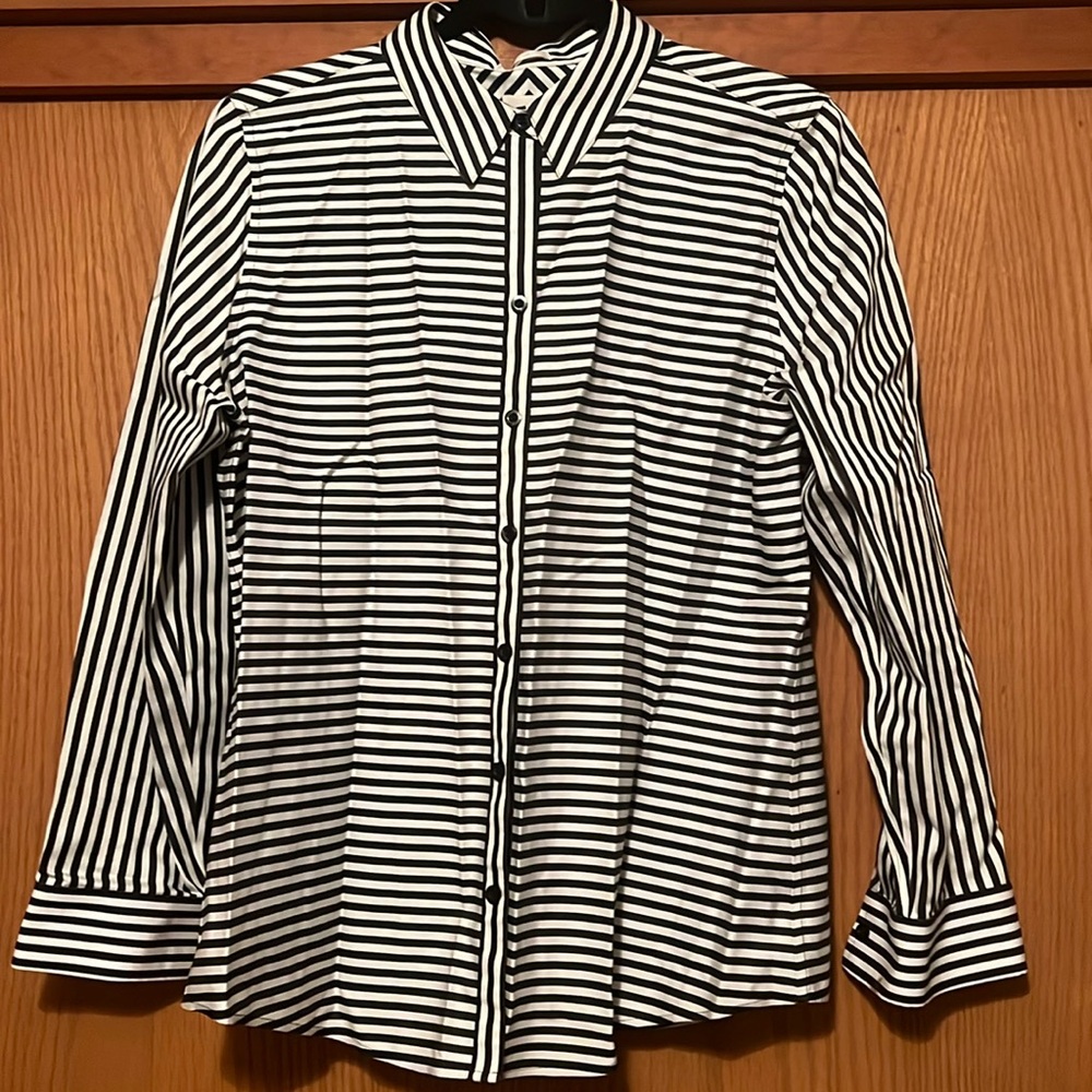 Chicos no iron striped button down top size large.